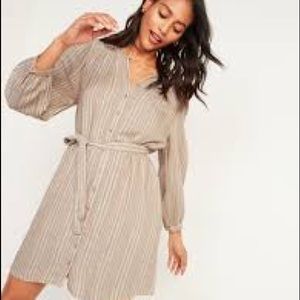 Waist-Defined Dobby-Stripe Tie-Belt ShirtDress